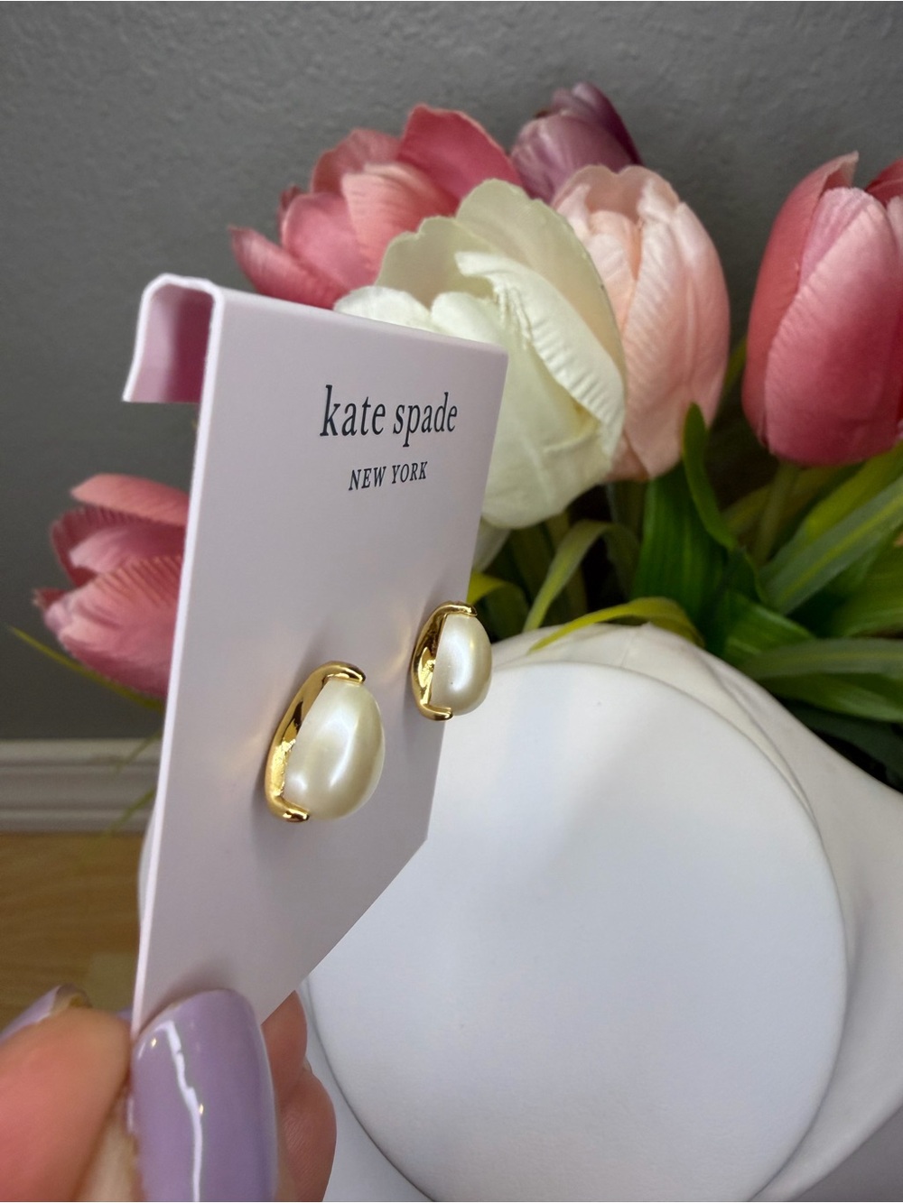 kate spade Pearl Teardrop Stud Earrings - Cream with Gold Accents - Picture 3 of 4